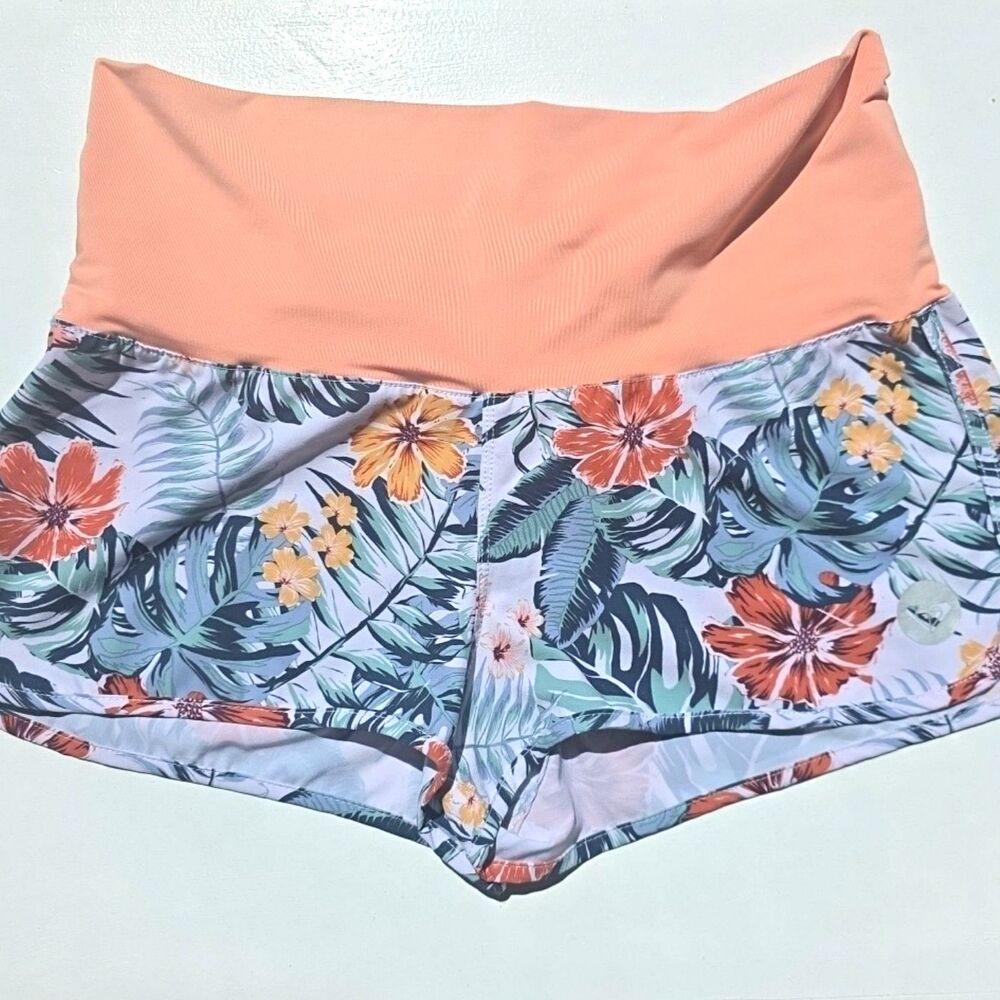 Roxy Swim Shorts Women's M Tropical Floral Peach Green Beach Surf Swimsuit EUC